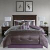 King Size 7 Piece Bed In A Bag Comforter Set Faux Silk Purple Gray Stripes - Image 2