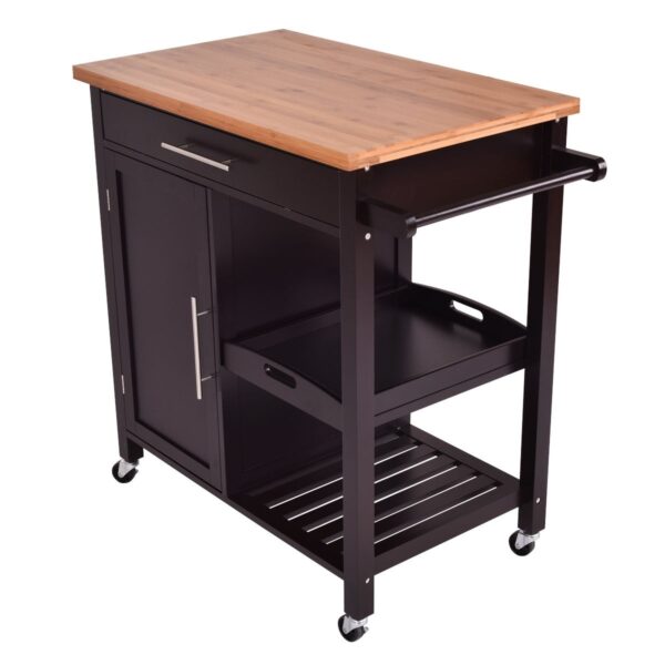 Modern Black Bamboo Kitchen Island Cart with Wood Top - Image 4