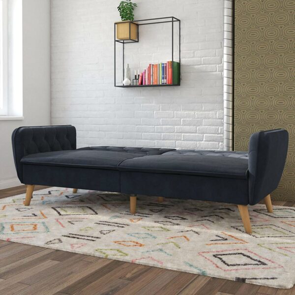 Memory Foam Blue Velvet Upholstered Futon Sofa Bed with Mid-Century Style Wood Legs - Image 2
