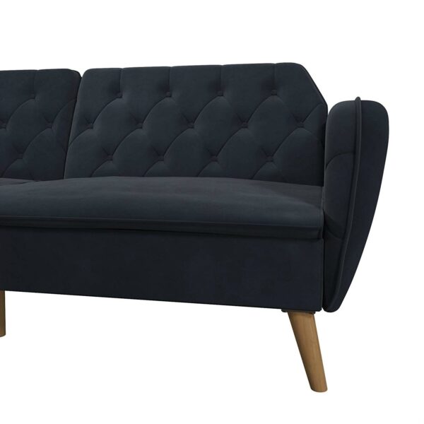 Memory Foam Blue Velvet Upholstered Futon Sofa Bed with Mid-Century Style Wood Legs - Image 3