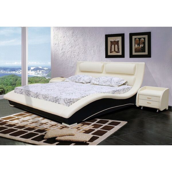 Queen size Modern Curvy Upholstered Platform Bed with Headboard in Cream Black Faux Leather - Image 3