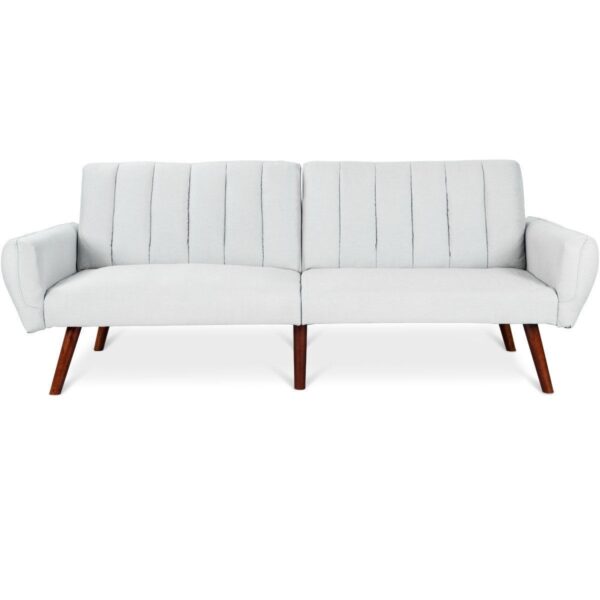 Modern Mid-Century Grey Linen Split-Back Futon Sofa Bed Couch - Image 2