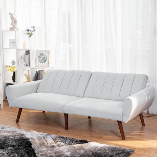 Modern Mid-Century Grey Linen Split-Back Futon Sofa Bed Couch - Image 5