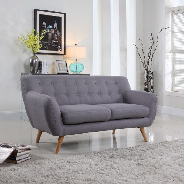 Modern Light Grey Linen Fabric Mid-Century Tufted Sofa Loveseat - Image 2