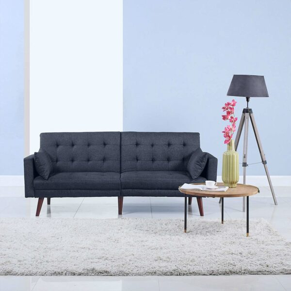 Modern Mid-Century Sleeper Sofa Bed in Dark Blue Black Linen - Image 5