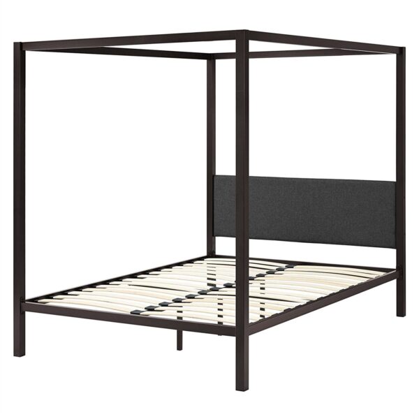 Queen size Brown Metal Canopy Bed Frame with Grey Upholstered Headboard - Image 2