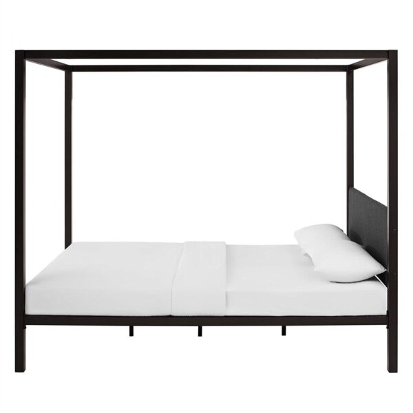 Queen size Brown Metal Canopy Bed Frame with Grey Upholstered Headboard - Image 3