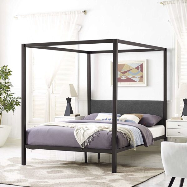 Queen size Brown Metal Canopy Bed Frame with Grey Upholstered Headboard - Image 4