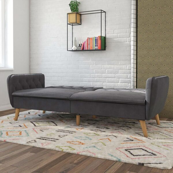 Memory Foam Futon Sofa Bed with Grey Velvet Upholstery and Wooden Legs - Image 2