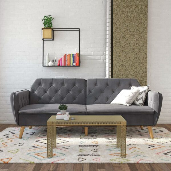 Memory Foam Futon Sofa Bed with Grey Velvet Upholstery and Wooden Legs - Image 3