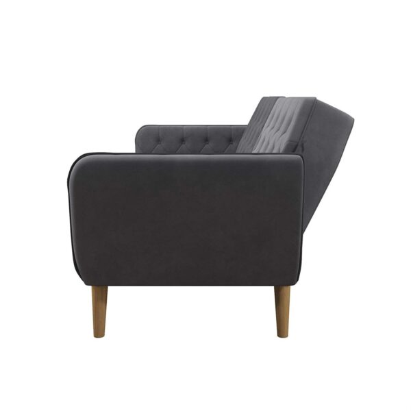 Memory Foam Futon Sofa Bed with Grey Velvet Upholstery and Wooden Legs - Image 4