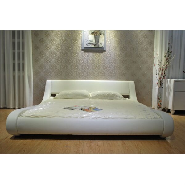 Queen Modern White Upholstered Platform Bed with Curved Sides & Headboard - Image 2