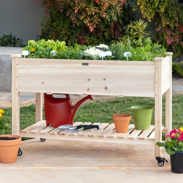 Solid Wood Locking Wheels Raised Mobile Garden Wood Planter Elevated Planter - Image 2