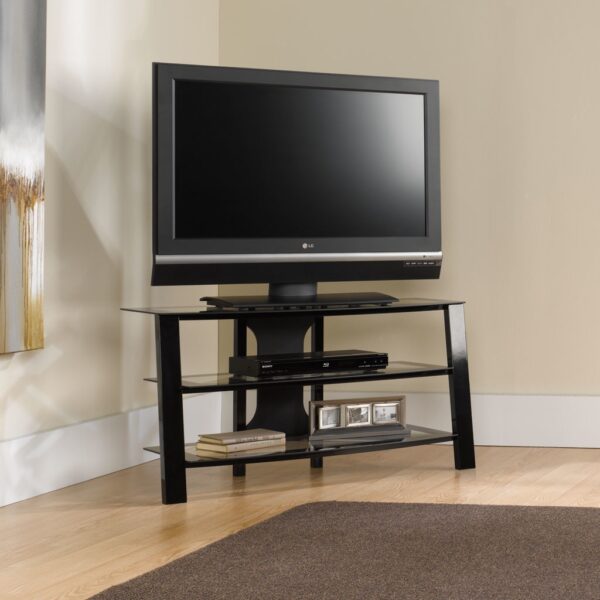 Contemporary 40-inch Black Metal TV Stand with Clear Glass Shelves - Image 2