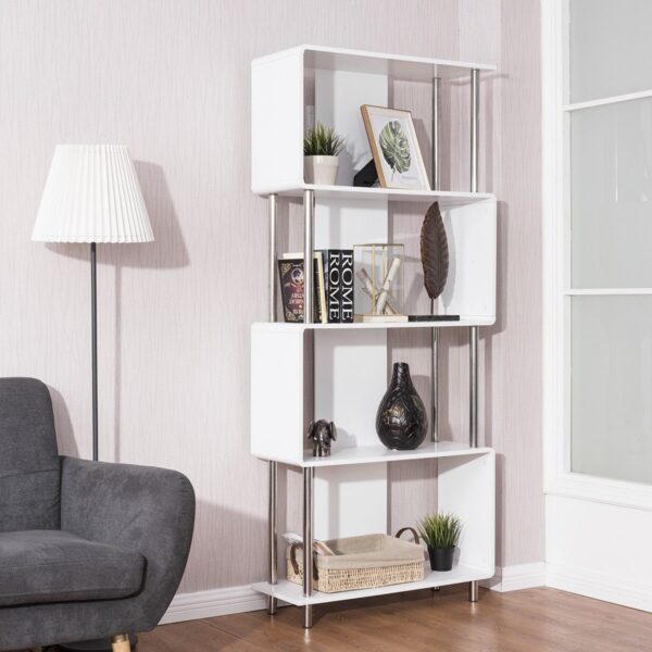 Modern 4-Shelf Metal Frame Bookcase in White Wood Finish - Image 4