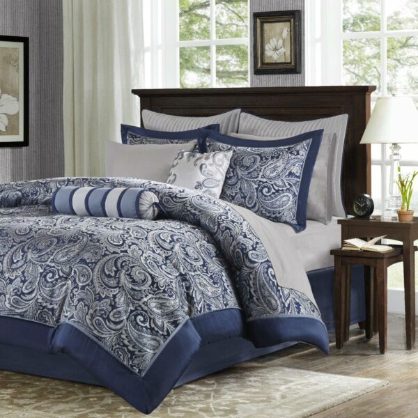 Queen size 12-piece Reversible Cotton Comforter Set in Navy Blue and White - Image 2