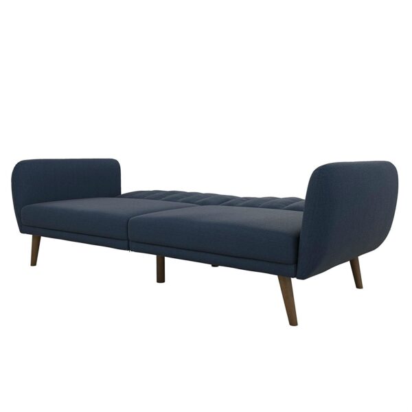 Modern Navy Blue Linen Upholstered Sofa Bed Futon with Mid-Century Style Wood Legs - Image 2