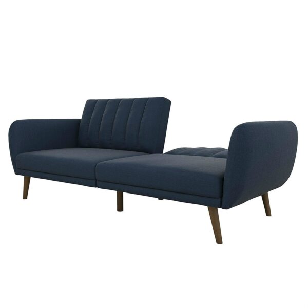 Modern Navy Blue Linen Upholstered Sofa Bed Futon with Mid-Century Style Wood Legs - Image 3