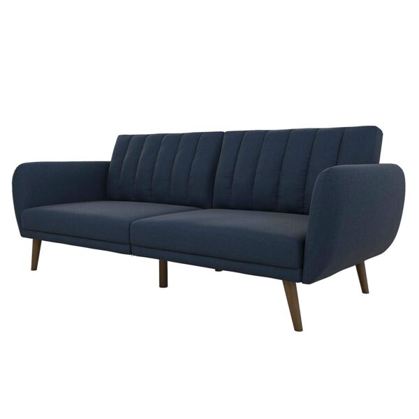 Modern Navy Blue Linen Upholstered Sofa Bed Futon with Mid-Century Style Wood Legs - Image 4