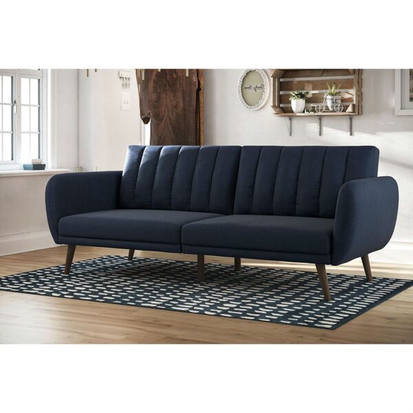 Modern Navy Blue Linen Upholstered Sofa Bed Futon with Mid-Century Style Wood Legs - Image 5