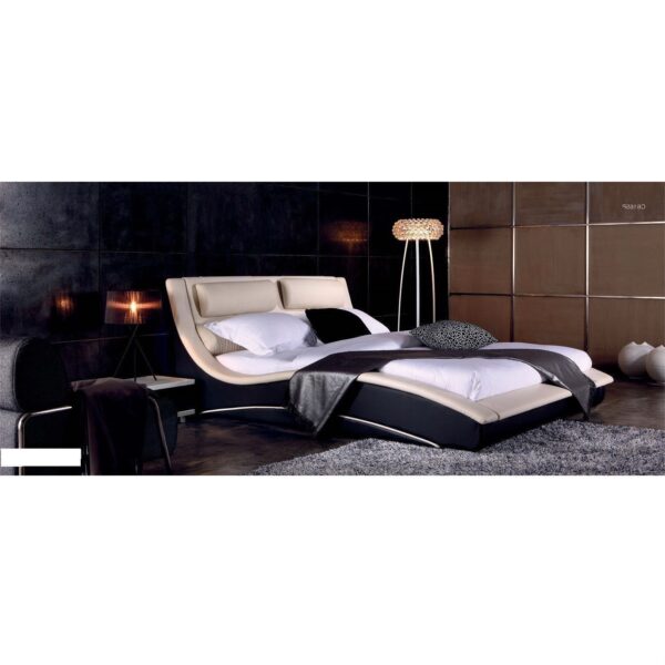 California King Modern Faux Leather Upholstered Platform Bed with Headboard in Cream Black - Image 2