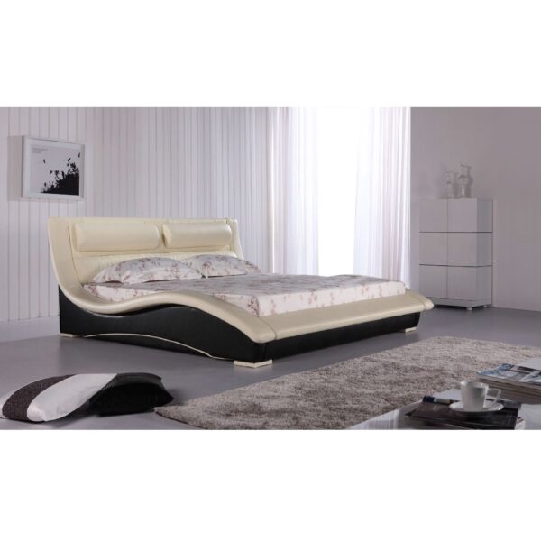 California King Modern Faux Leather Upholstered Platform Bed with Headboard in Cream Black - Image 3