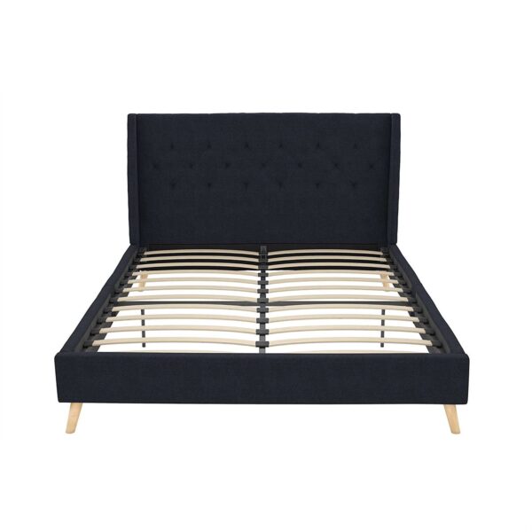 Queen Navy Blue Linen Upholstered Mid-Century Platform Bed with Wingback Headboard - Image 3