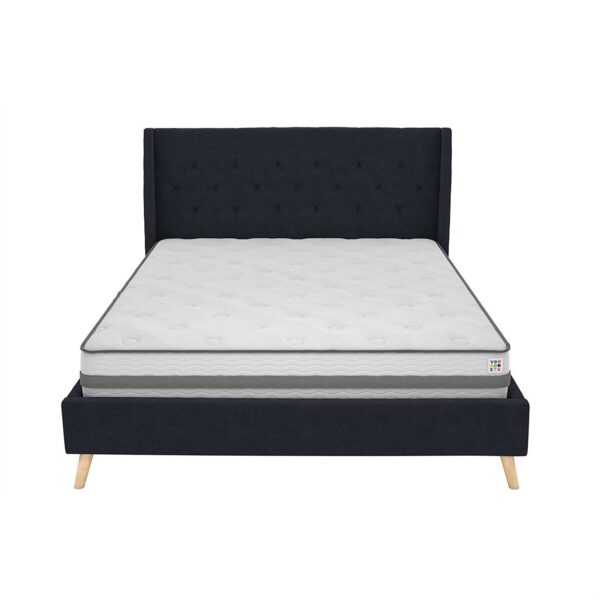 Queen Navy Blue Linen Upholstered Mid-Century Platform Bed with Wingback Headboard - Image 4