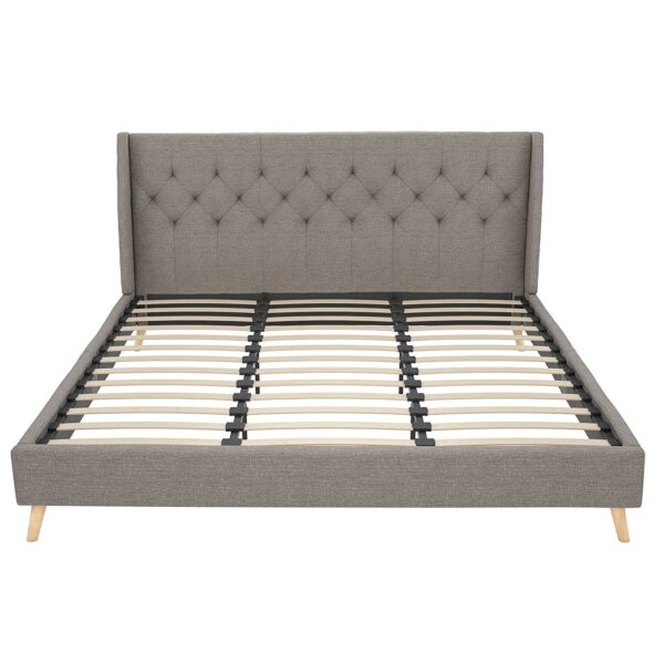 King Grey Linen Upholstered Wing-Back Platform Bed Mid-Century Style - Image 2