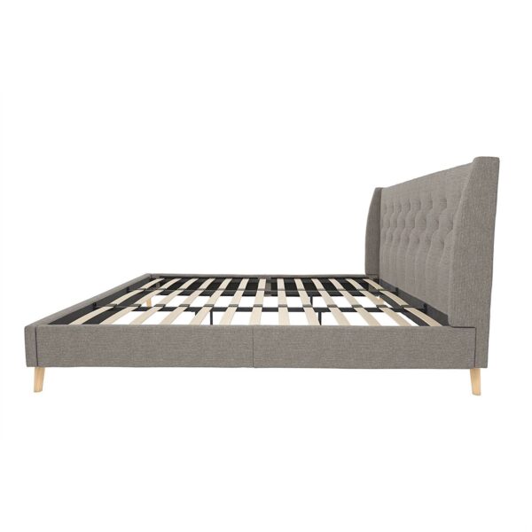 King Grey Linen Upholstered Wing-Back Platform Bed Mid-Century Style - Image 3