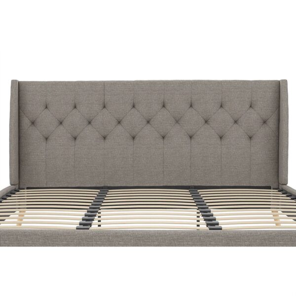 King Grey Linen Upholstered Wing-Back Platform Bed Mid-Century Style - Image 4