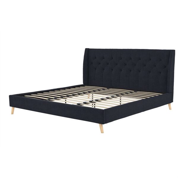 King Mid-Century Style Navy Blue Linen Upholstered Wingback Platform Bed - Image 2