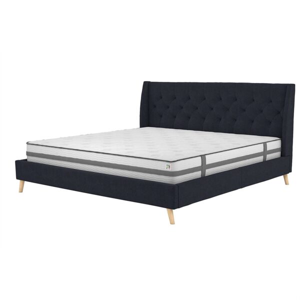 King Mid-Century Style Navy Blue Linen Upholstered Wingback Platform Bed - Image 3