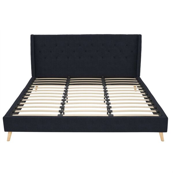 King Mid-Century Style Navy Blue Linen Upholstered Wingback Platform Bed - Image 4