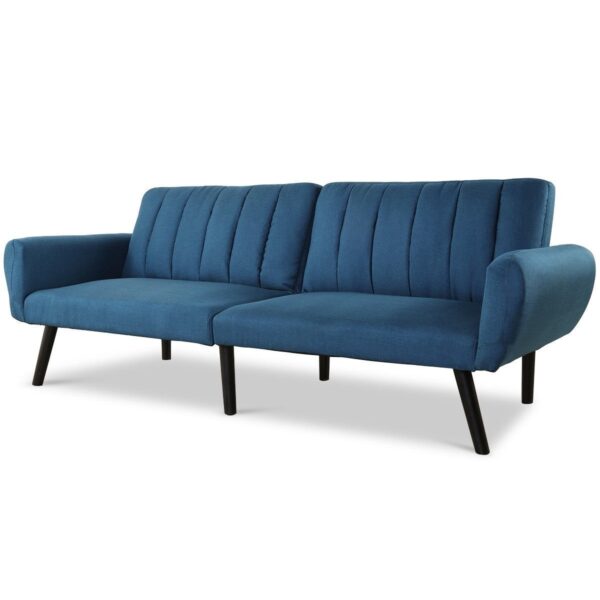 Modern Mid-Century Navy Blue Linen Futon Sofa Bed Couch - Image 2