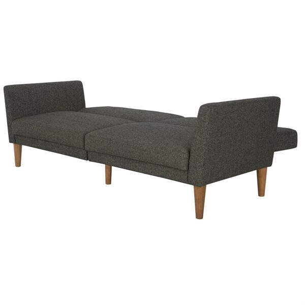 Mid-Century Style Grey Linen Upholstered Futon Sofa Bed with Wooden Legs - Image 4
