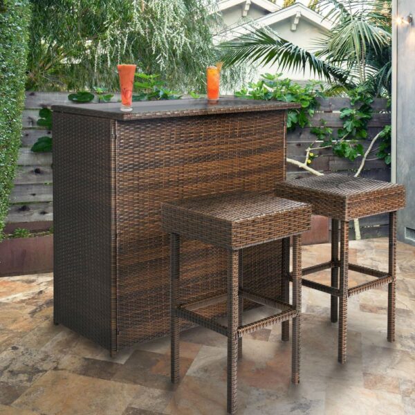 Outdoor 3-Piece PE Wicker Bar Set with Table and Stools - Image 4