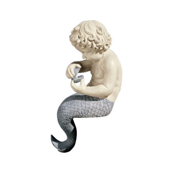 Young Little Sitting Mermaid Garden Statue with Oyster and Pearl - Image 2