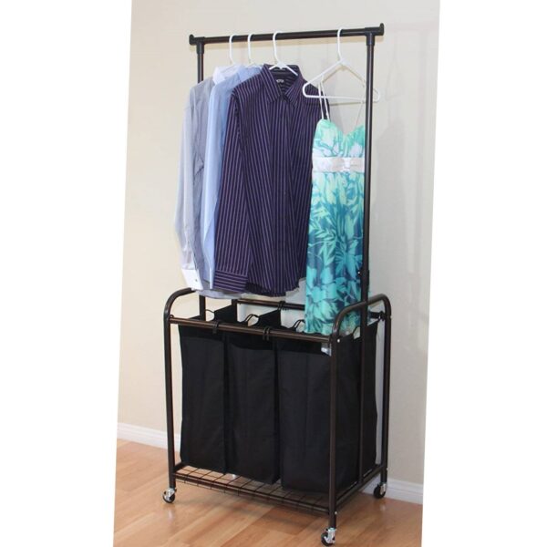Bronze Black 3-Bag Laundry Sorter Hamper with Adjustable Clothes Hanging Bar - Image 2