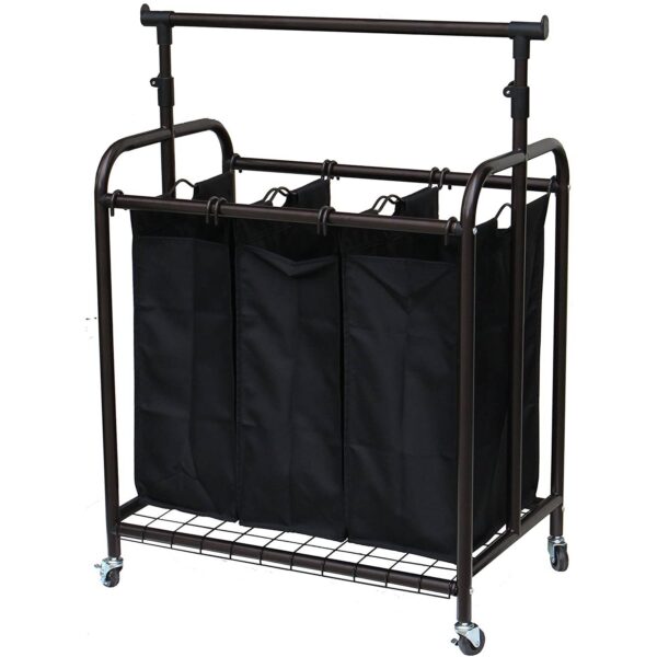 Bronze Black 3-Bag Laundry Sorter Hamper with Adjustable Clothes Hanging Bar - Image 3