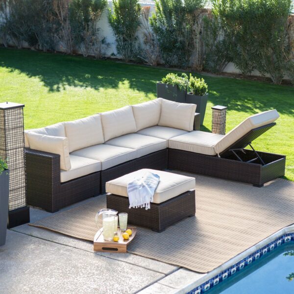 Outdoor Wicker Resin 6-Piece Sectional Sofa Patio Furniture Conversation Set with Tan Stripe Cushions - Image 2