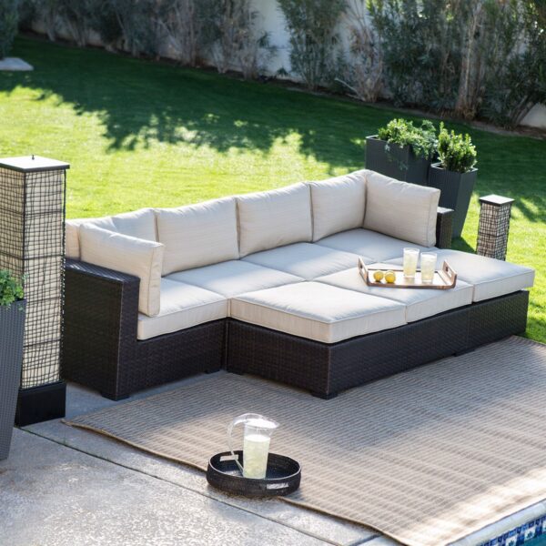 Outdoor Wicker Resin 6-Piece Sectional Sofa Patio Furniture Conversation Set with Tan Stripe Cushions - Image 3
