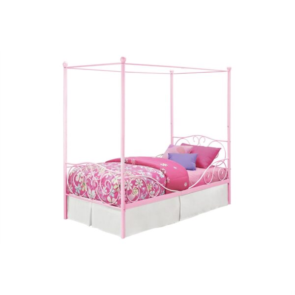 Twin size Sturdy Metal Canopy Bed in Pink - Image 3