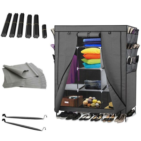 Grey 69-inch Portable Closet Organizer Shoe Rack Bedroom Wardrobe - Image 2