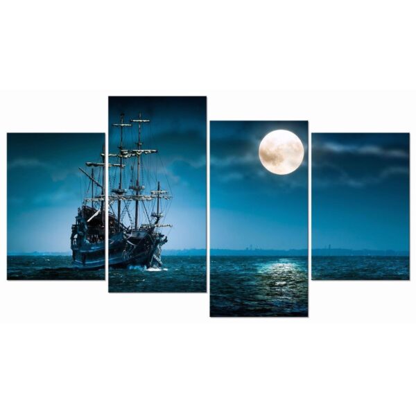 Full Moon Ocean Ship 4-Panel Seascape Framed Canvas Wall Art - Image 2