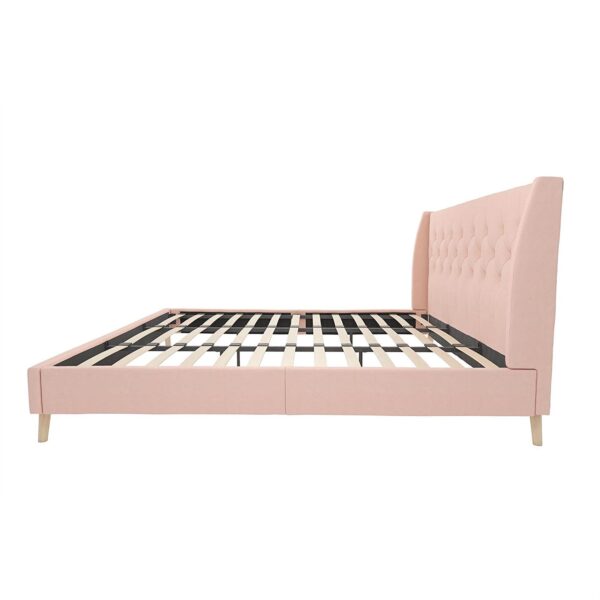 King size Pink Linen Upholstered Wingback Platform Bed Mid-Century Modern - Image 4