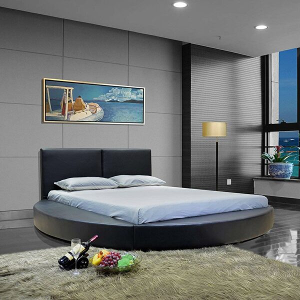Queen size Modern Round Platform Bed with Headboard in Black Faux Leather - Image 2