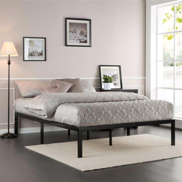 Queen size Black Metal Platform Bed Frame with Wood Slats - No Box-spring Needed - Image 2