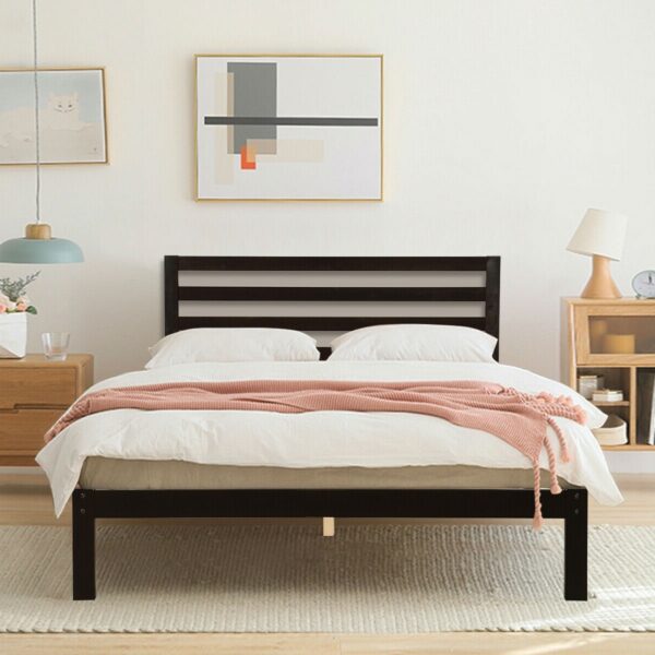 Queen size Wood Platform Bed Frame with Headboard in Espresso - Image 4