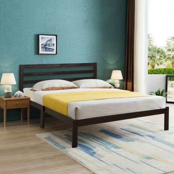 Queen size Wood Platform Bed Frame with Headboard in Espresso - Image 5